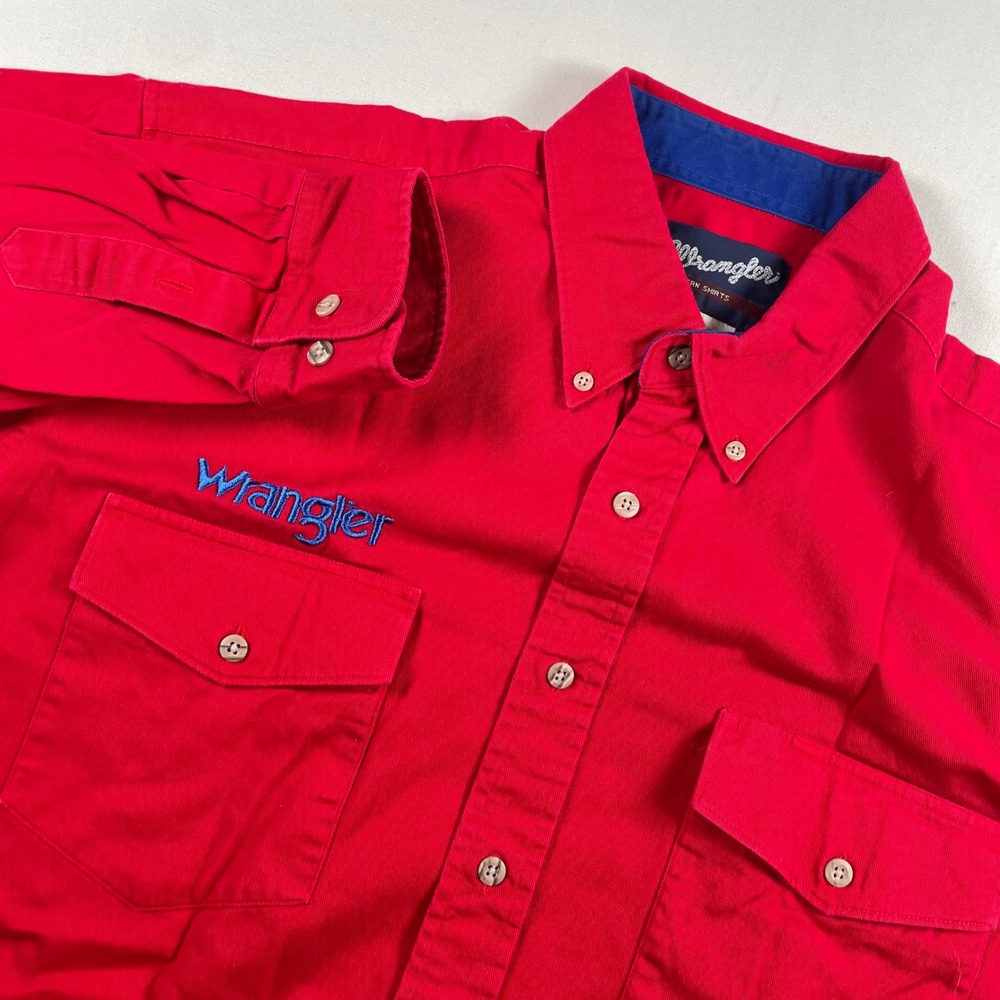 VTG Wrangler Mens Western Rodeo Thick‎ Shirt PRCA Tour Red Button Up Long Sleeve